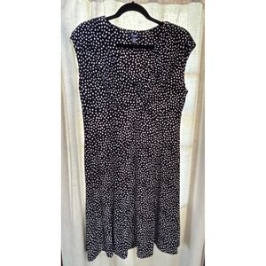 Chaps Womens XL Black Polka Dot Sleeveless V-Neck Ruched A-Line Jersey Dress